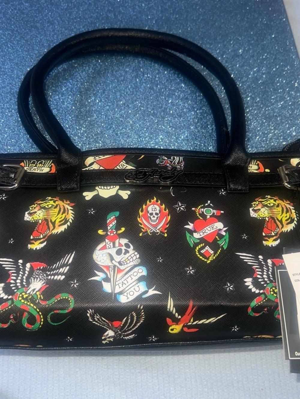 Ed Hardy Black Tattoo-Print Tote Handbag